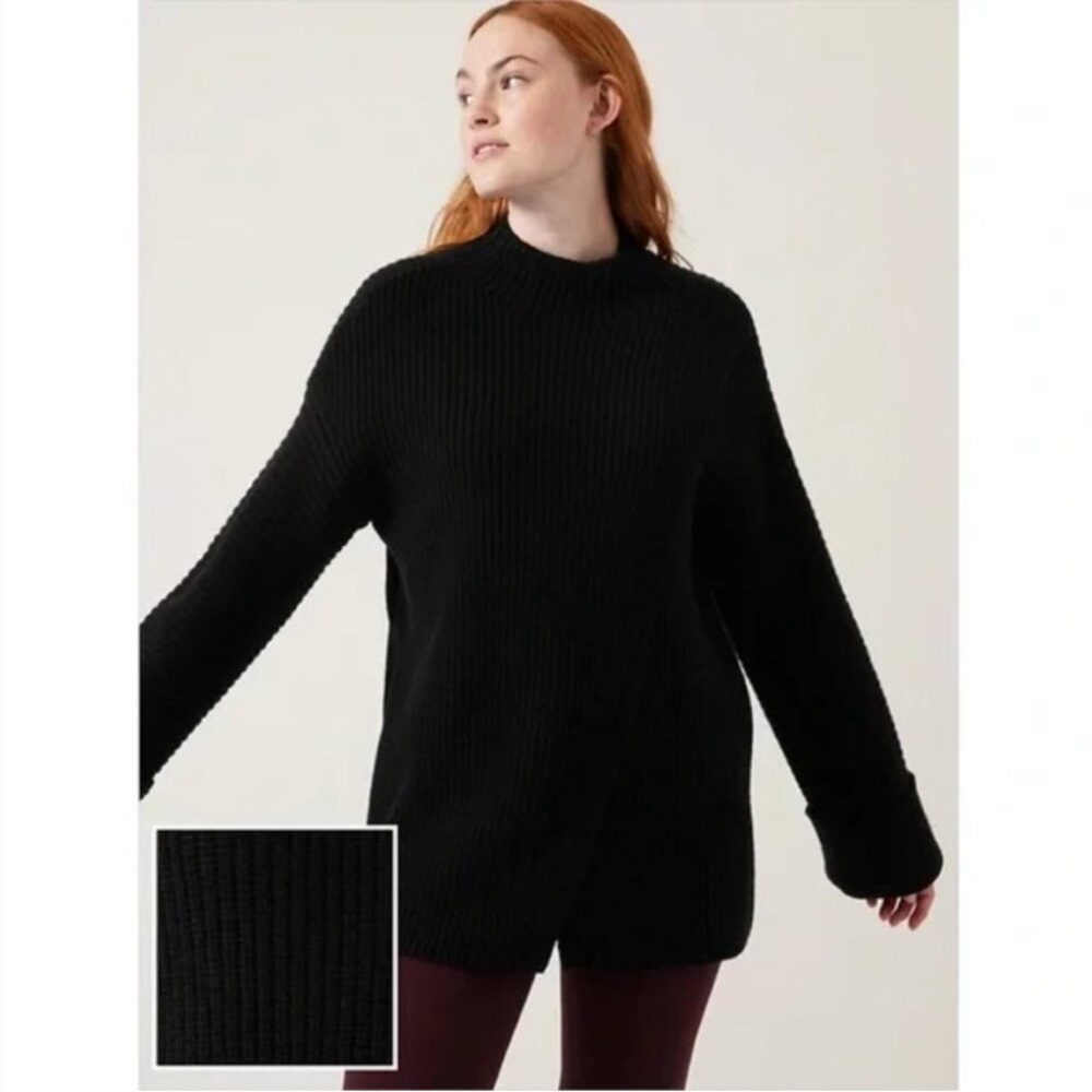 Athleta Black Merino Wool Cashmere Cowl Neck Split Front Sweater Oversized M